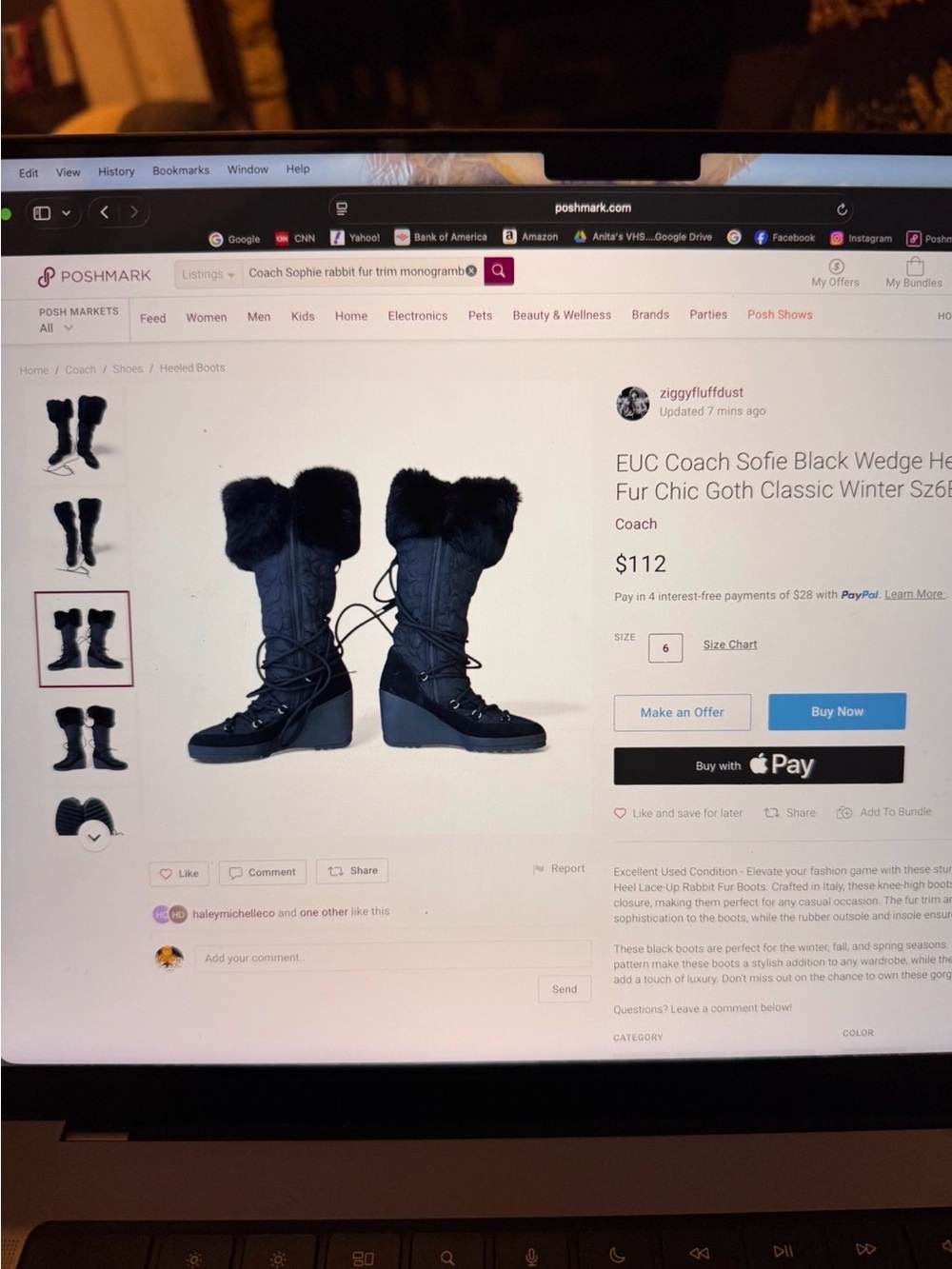 Coach Black Lace-Up Wedge Boots with Fur Cuff